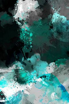 Modern, Abstract Digitaal Waterverf Kunstwerk in Zwart Blauw Grijs  Wit van Art By Dominic