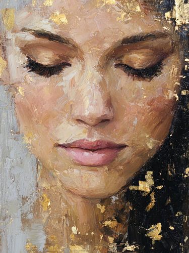 Zacht Vrouwelijk Portret met Goud – Klassiek Modern Schilderij