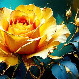 Rosenblüte am Stiel mit Knospen, Blättern und Gold in Nahaufnahme von AidasignArt