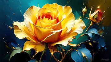 Rosenblüte am Stiel mit Knospen, Blättern und Gold in Nahaufnahme von AidasignArt