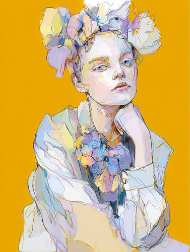 Portrait floral expressif sur fond jaune ocre - art moderne au trait avec des couleurs douces