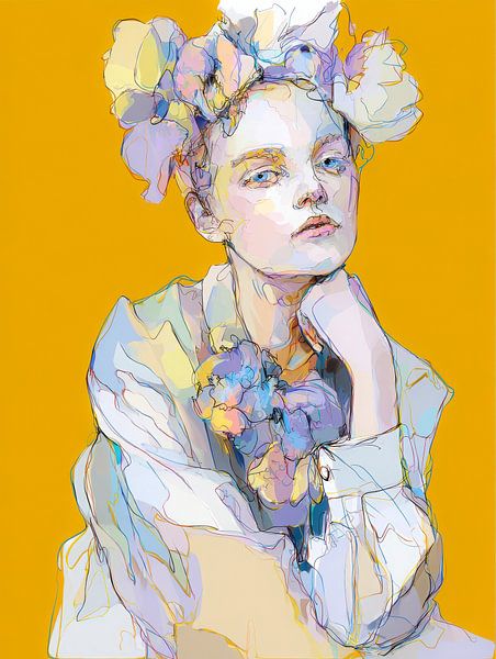 Portrait floral expressif sur fond jaune ocre - art moderne au trait avec des couleurs douces par But First Framing