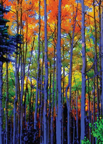 Art mural de la forêt colorée - Arbres d'automne vibrants avec troncs bleus et feuilles orange