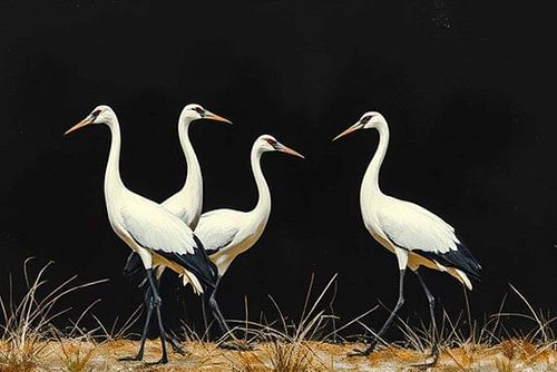 Een aantal kraanvogels op een zwarte achtergrond.