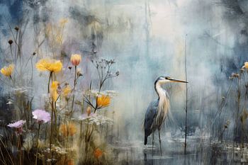 Moderne Landschaft in Pastellfarben mit Reiher