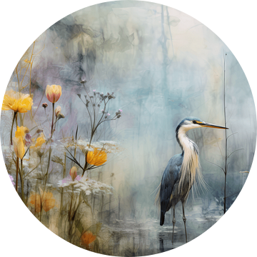 Modern landschap in pastelkleuren met reiger van Studio Allee