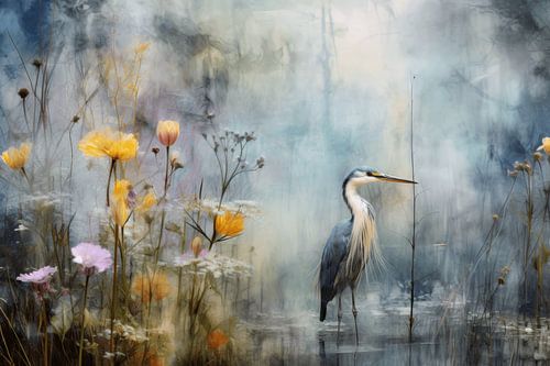 Moderne Landschaft in Pastellfarben mit Reiher