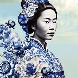 Japanese woman in Delftware on a background of clouds, modern variation on a Geisha portrait by Mijke Konijn