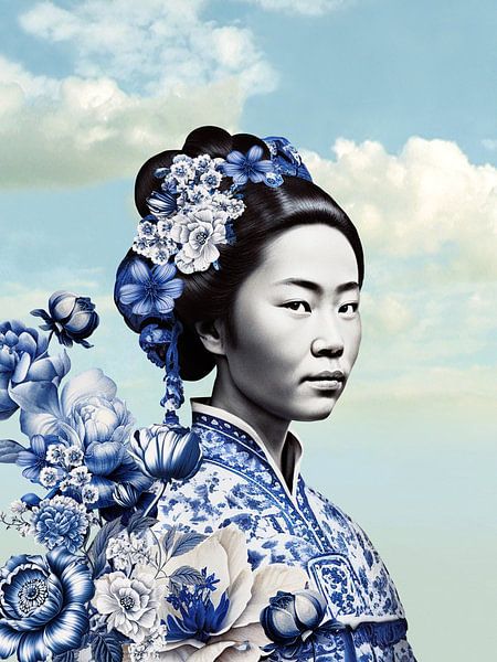 Femme japonaise en Delftware sur fond de nuages, variation moderne d'un portrait de Geisha par Mijke Konijn