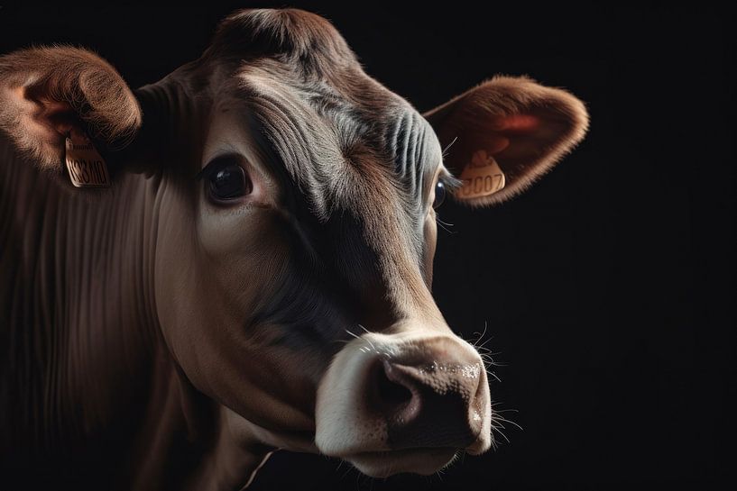 Brown Cow Portrait Black Background by Digitale Schilderijen