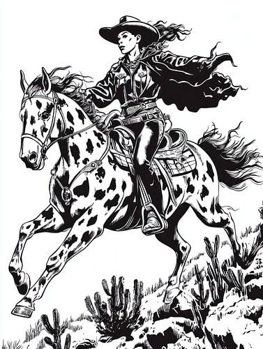 galoperende cowgirl op gestippeld paard in retro cartoon stijl