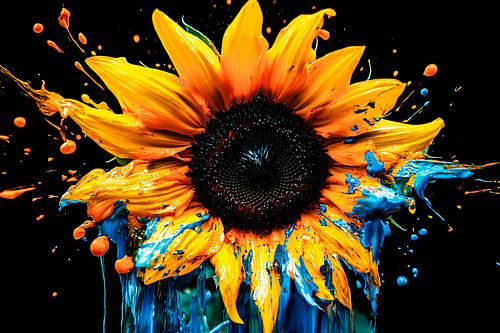 Kleurrijke zonnebloem met verfspatten