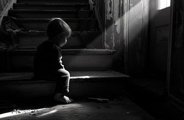 Eenzaam kind, melancholische uitdrukking van fernlichtsicht
