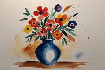 Vase avec fleurs à l'aquarelle sur De Muurdecoratie