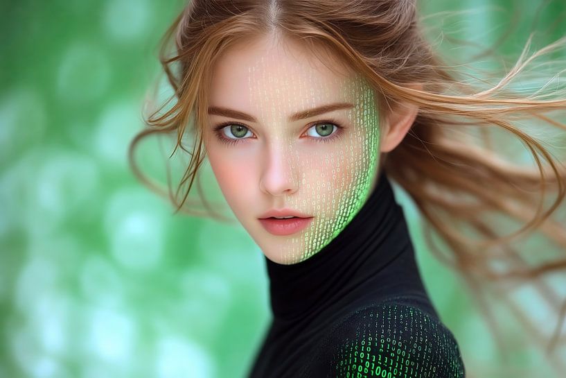 Binary code on young woman's face by Frank Heinz
