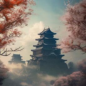 Samurai | landscape with castle and blossom trees 3 by Digitale Schilderijen
