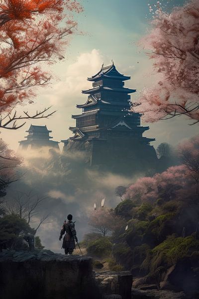Samurai | landscape with castle and blossom trees 3 by Digitale Schilderijen