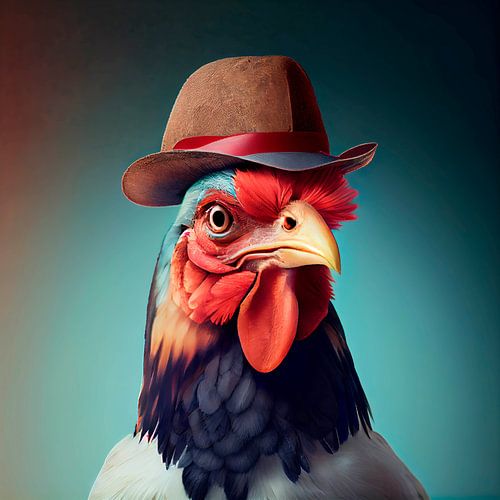 Stately portrait of a Rooster with hat. Part 10