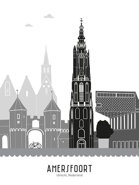 Skyline illustratie stad Amersfoort zwart-wit-grijs van Mevrouw Emmer