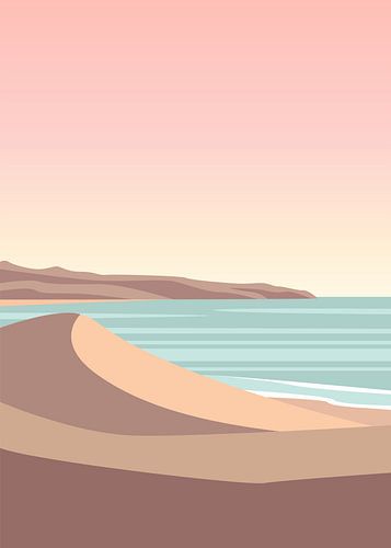 Minimalistische, platte vectorillustratie van glooiende zandduinen die bij zonsondergang uitkomen op een kalme, turquoise zee.