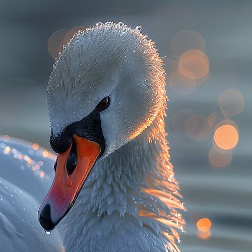 Close-up van een zwaan met waterdruppels