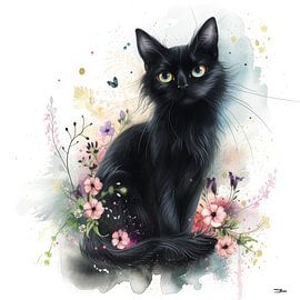 poes - kat in gras met bloemen van Gelissen Artworks