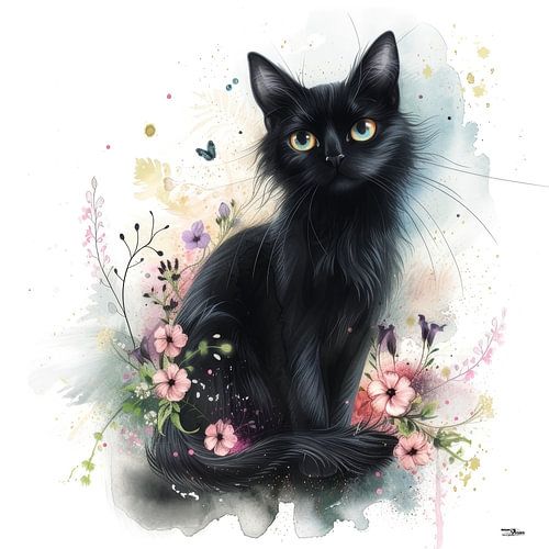 poes - kat in gras met bloemen