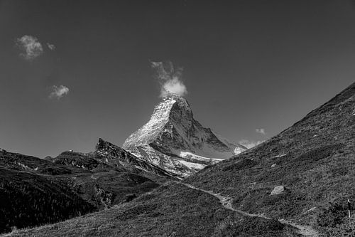 Matterhorn in September with hiking trail in black and white
