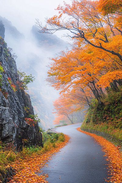 Curvy road through autumn forest by Art & Soul Creations
