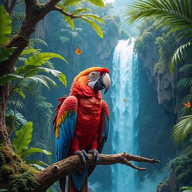 AVYRALIS – Ein Ara Papagei vor einem Wasserfall im Dschungel von INFERAURUM
