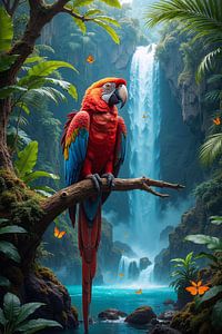 Fantasy Wall Art: AVYRALIS – A macaw parrot in front of a waterfall in the jungle