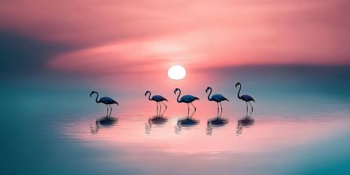 Flamingos at sunset