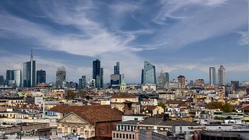Uitzicht vanaf de Dom over Oud Milaan versus nieuw Milaan Porto Nuova van Jefra Creations