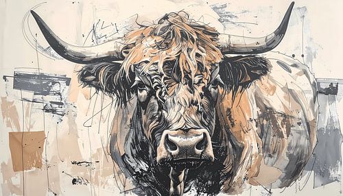 Robuust mixed media kunstwerk - tekening - aquarel - in taupe oranje gebroken wit