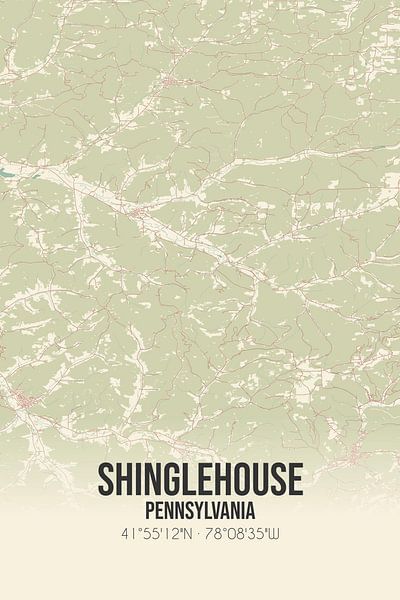 Vieille carte de Shinglehouse (Pennsylvanie), USA. par Affiches de lieux