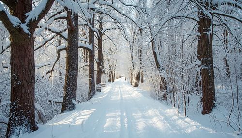 Verschneiter Waldweg mit schwachem Sonnenlicht durch die Bäume. von Brian Morgan