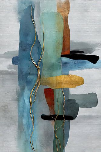 Abstract schilderij in blauw, groen en roestbruin met gouden lijnen