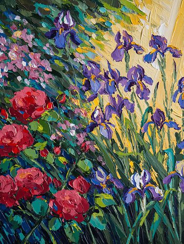 Peinture à l'huile « Jardin floral » aux couleurs vives et à l'effet empâté