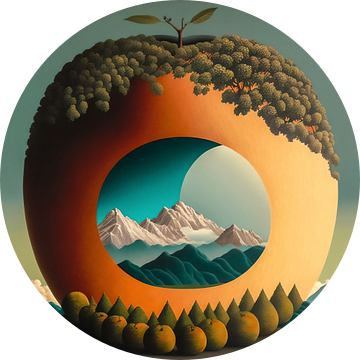 Een berglandschap in een appel, surrealisme van Roger VDB