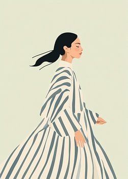 Femme en robe rayée blanc-bleu