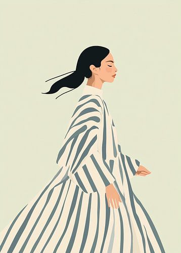 Femme en robe rayée blanc-bleu