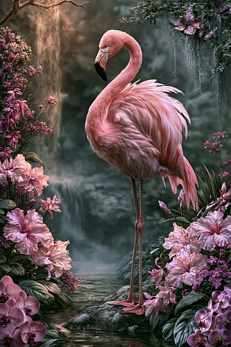 Flamingo met tropische bloemen