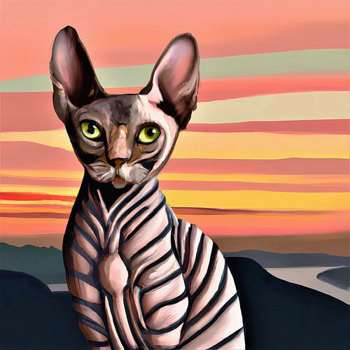 Sphynx kat in berglandschap met rivier bij zonsondergang