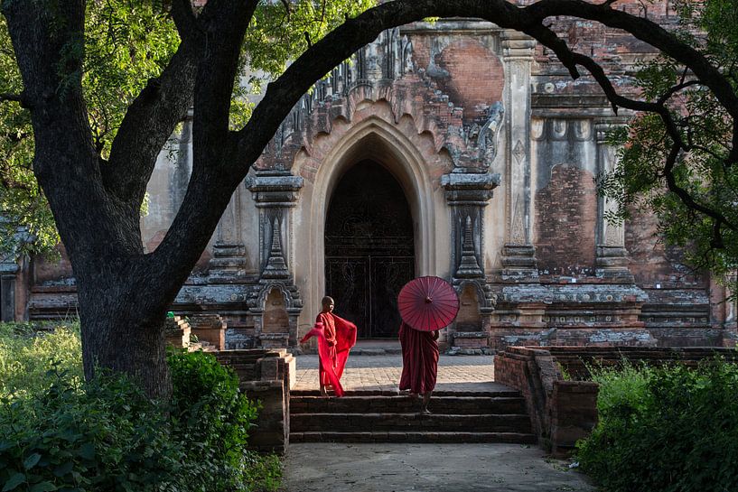 Baghan, MYANMAR, den 12. Dezember 2015 - Zwei junge Mönche auf den Stufen in den Garten eines Kloste von Wout Kok