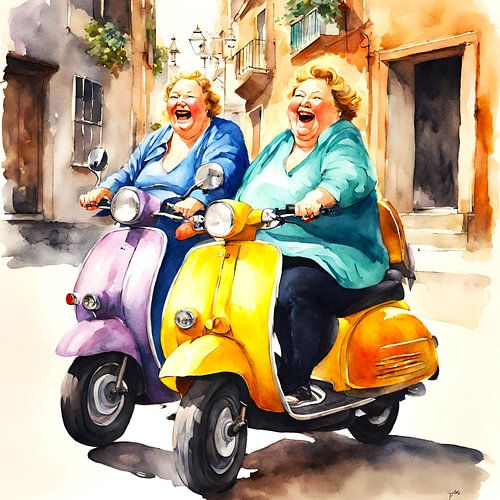 2 gezellige dames op de scooter