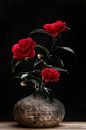 Stilleven met grote rode bloemen van de Camellia in vaas van Klaartje Majoor thumbnail