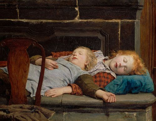 Twee meisjes op de kachelbank, Albert Anker