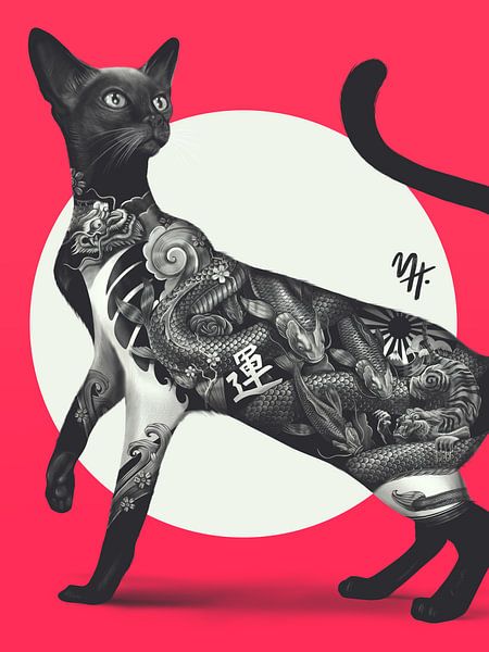 Tatouage de chat japonais rouge par Mark Harrison