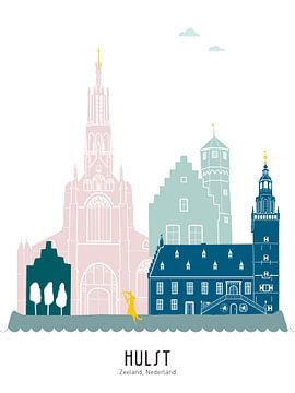 Illustration de la ligne d'horizon de la ville de Hulst en couleur sur Mevrouw Emmer