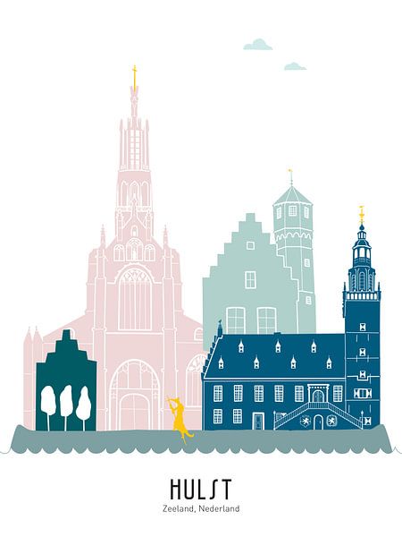 Skyline illustratie stad Hulst in kleur van Mevrouw Emmer